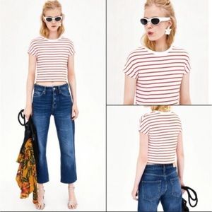 Zara red and off white striped crop top Size Small